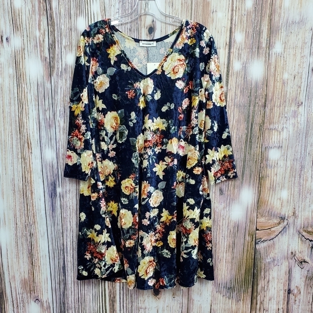 EE:SOME Velvet Floral Pocket Long Sleeve Dress New Size Large